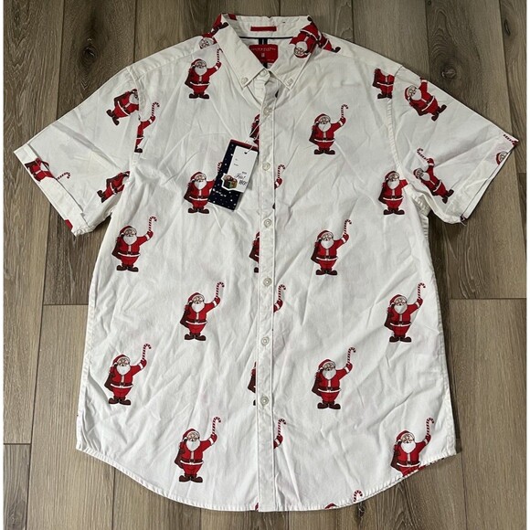 Denim Flower Button Up Shirt Mens L White Santa Claus Christmas Happy Holiday - Picture 2 of 10